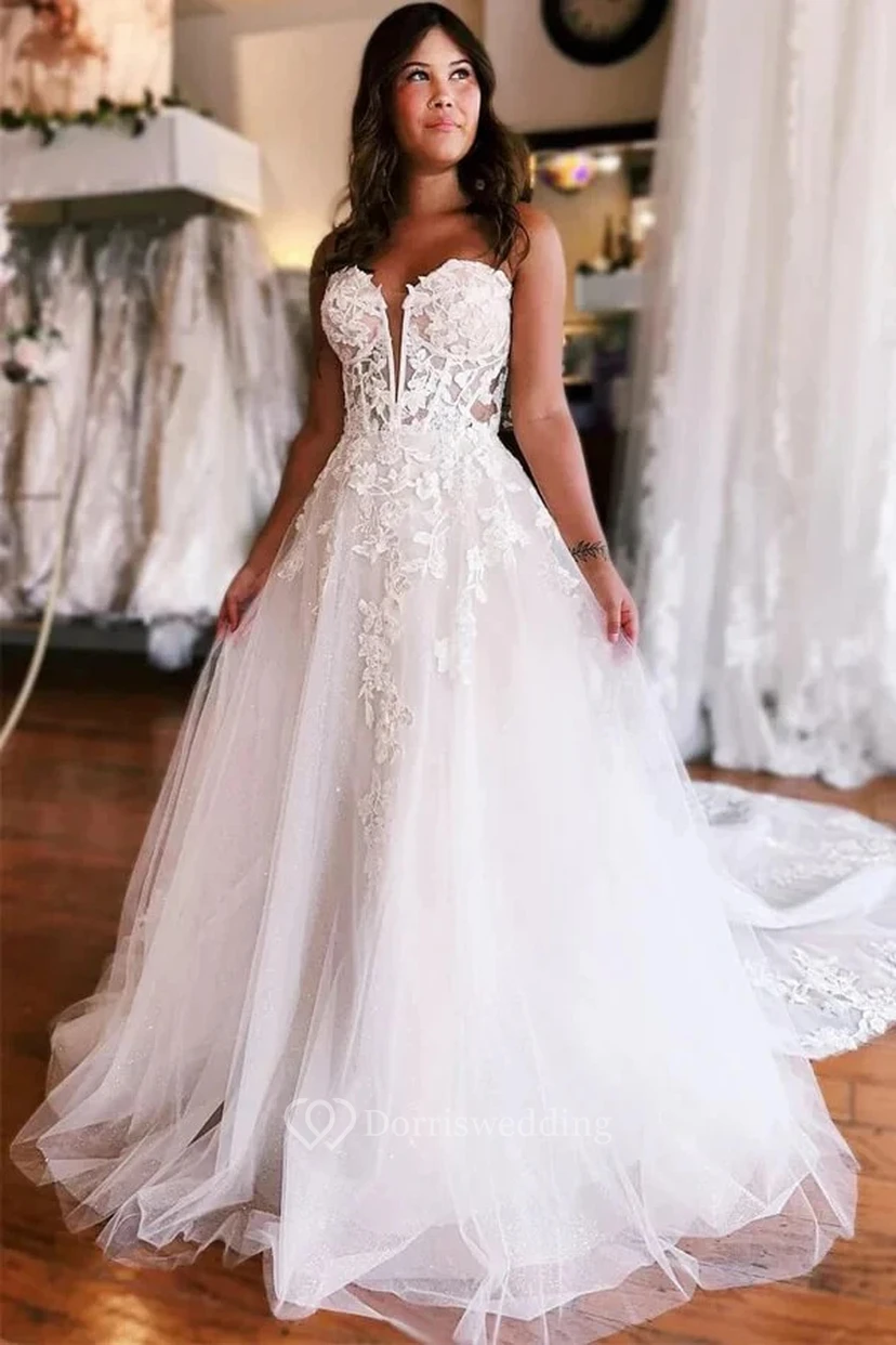 Sweetheart Tüll-Ballkleid mit Kerbe und Spitze, A-Linien-Schnitt