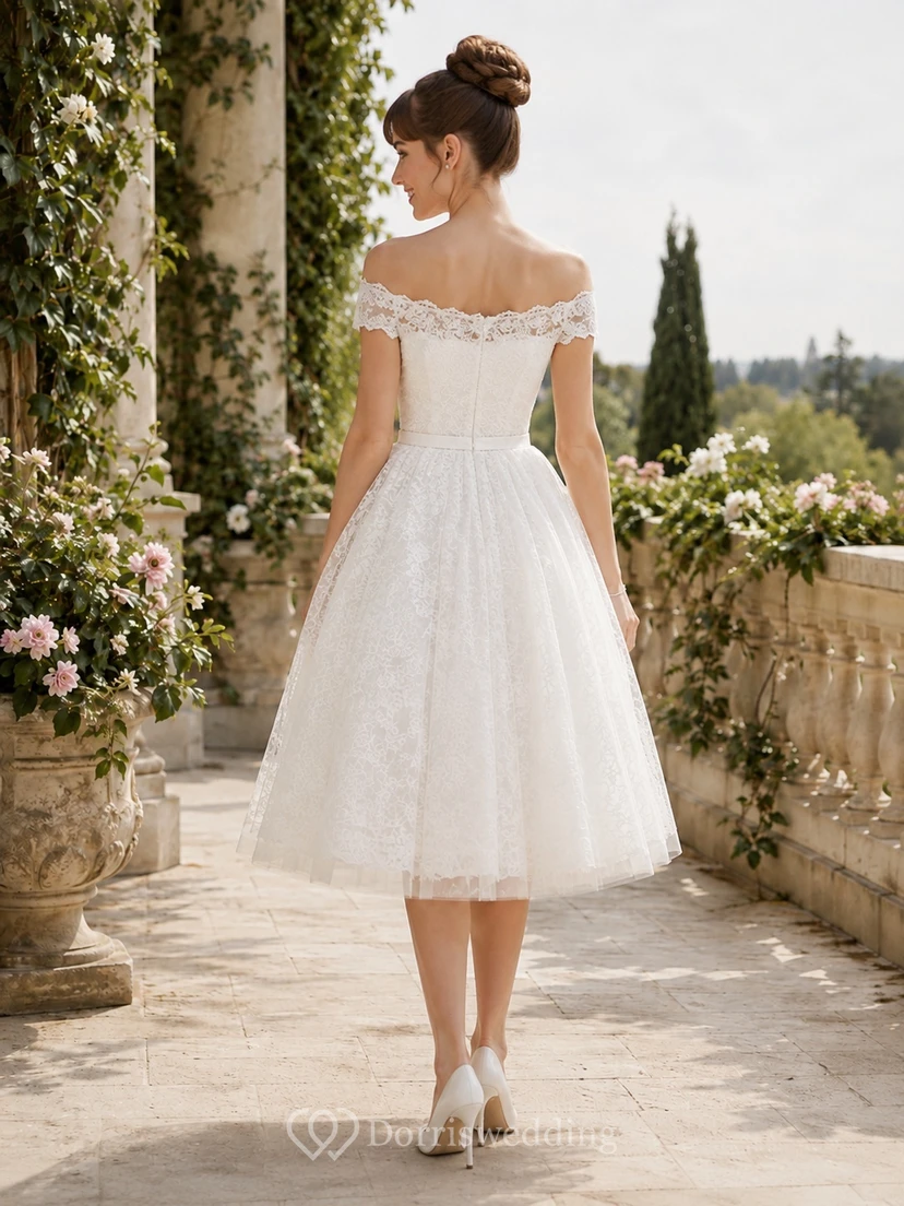 White Lace Off-the-shoulder Short Sleeve A-Line Tea-Length Romantic Cocktail Dress view 2