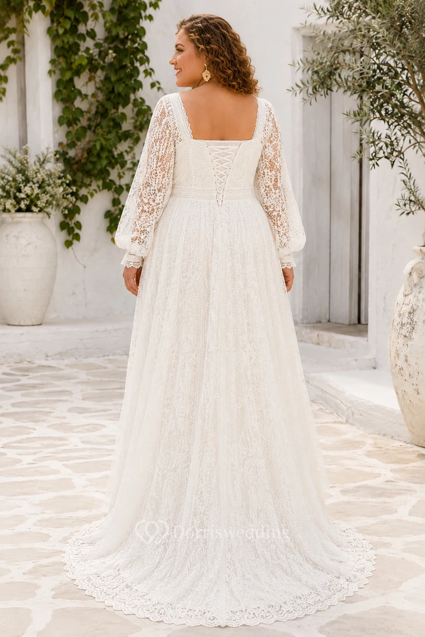 Plus Size Square Neck Long Sleeve Lace A-Line Wedding Dress view 2