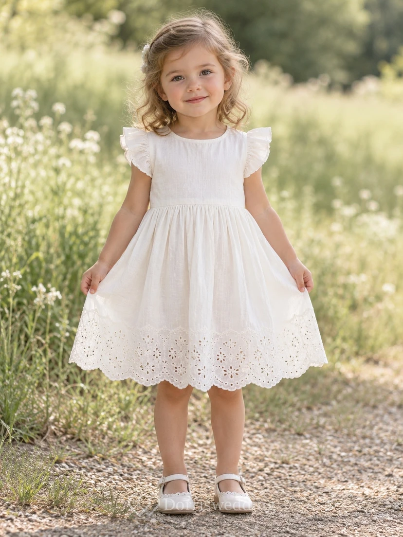 Modest Ivory Knee Length Plain Flutter Sleeve Deep Eyelet Full Flower Girl Dress