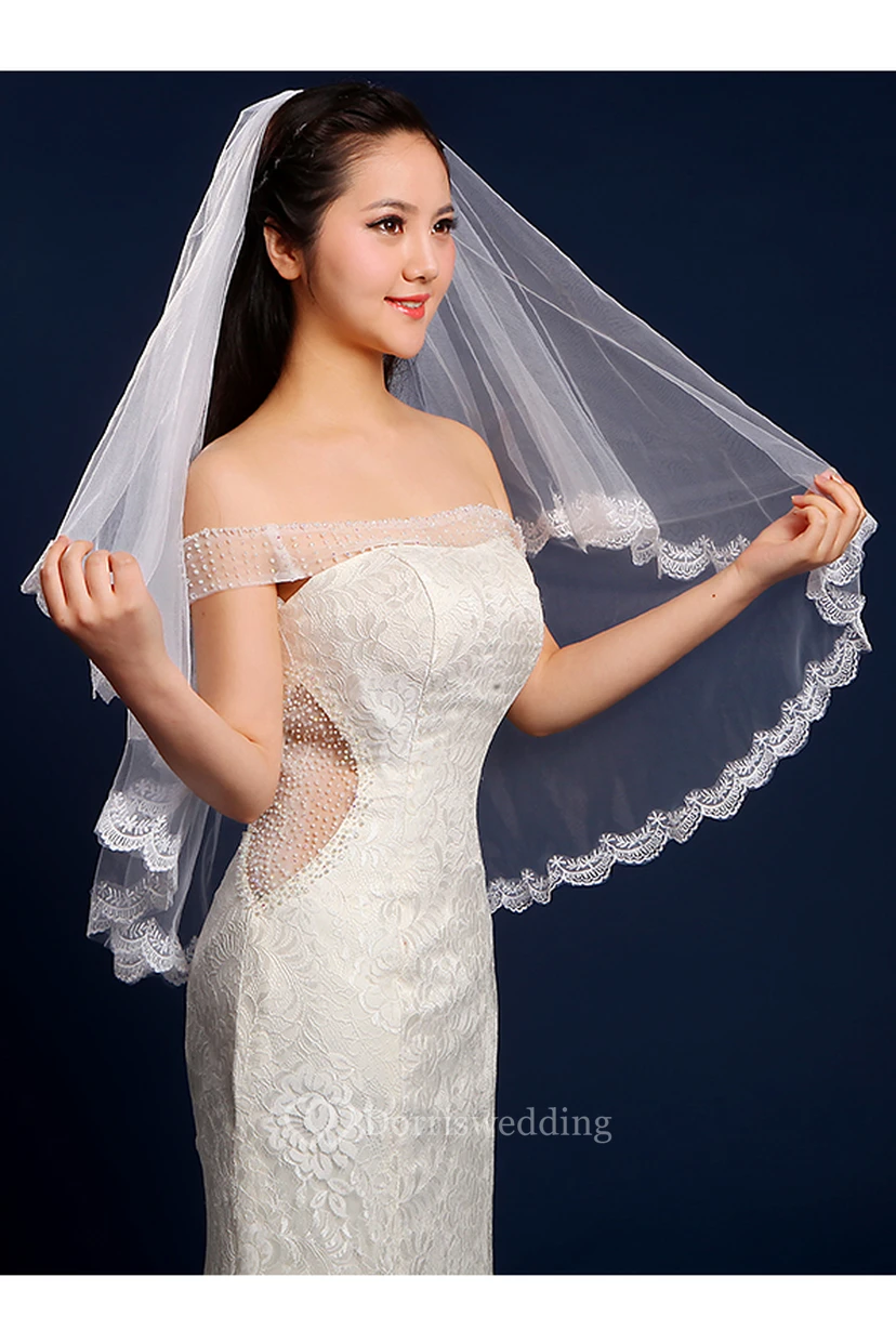 Simple Two Layered Tulle Elbow Wedding Veil with Lace Edge view 3