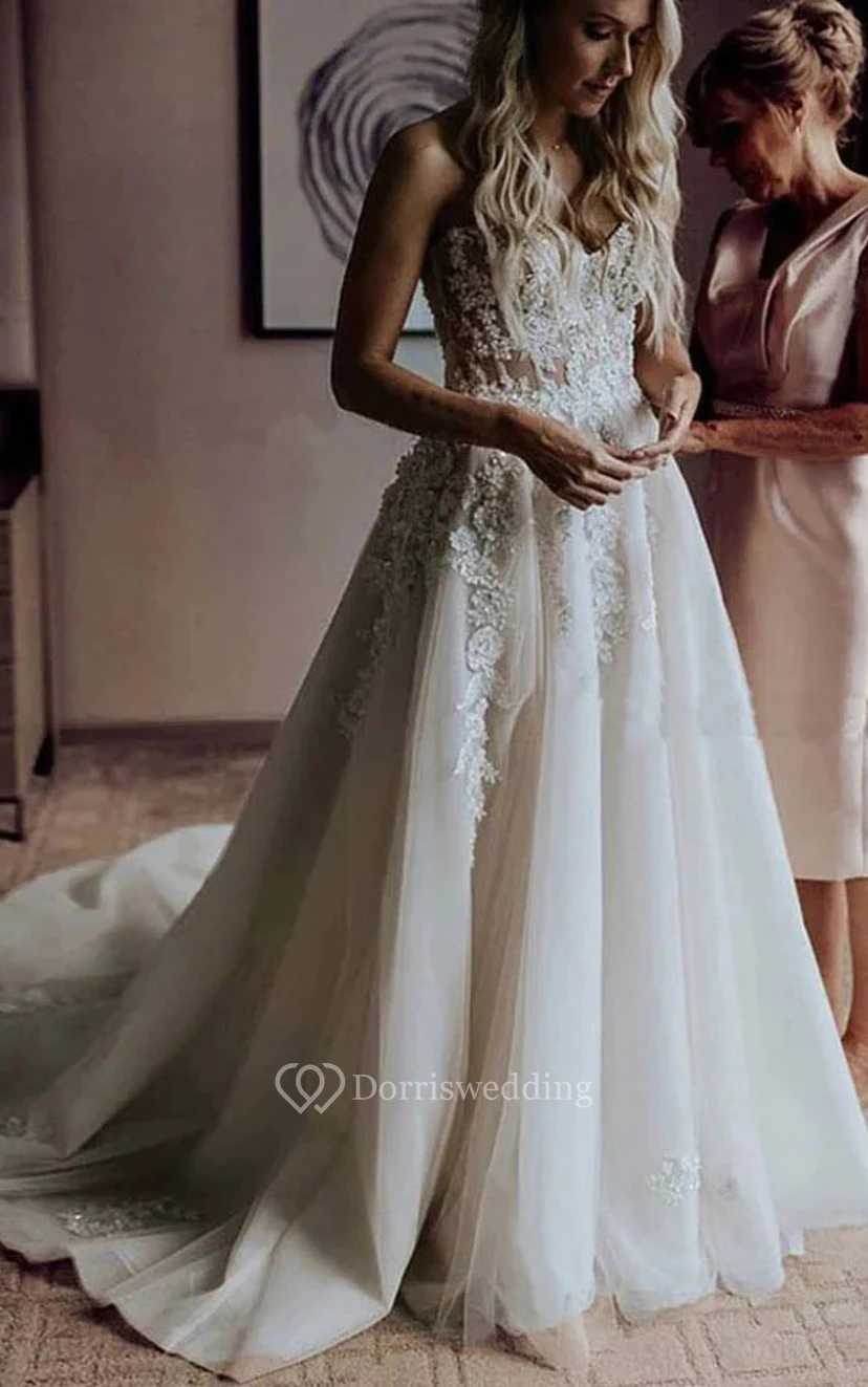 Strapless Lace Applique Sheath Simple Elegant Wedding Dress