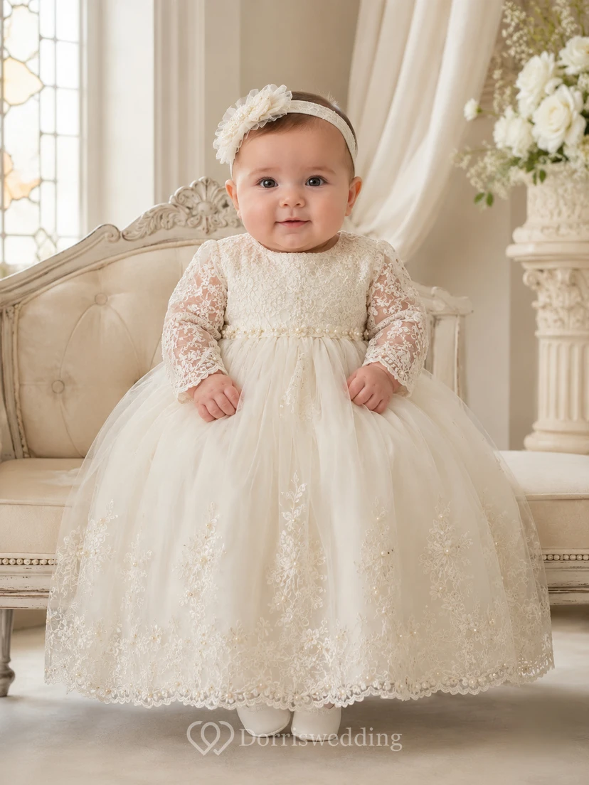 Vestido modesto para ceremonia de bautizo de bebé, corte en A, largo hasta los tobillos, cuello joya, manga larga, tul, encaje, espalda abotonada.