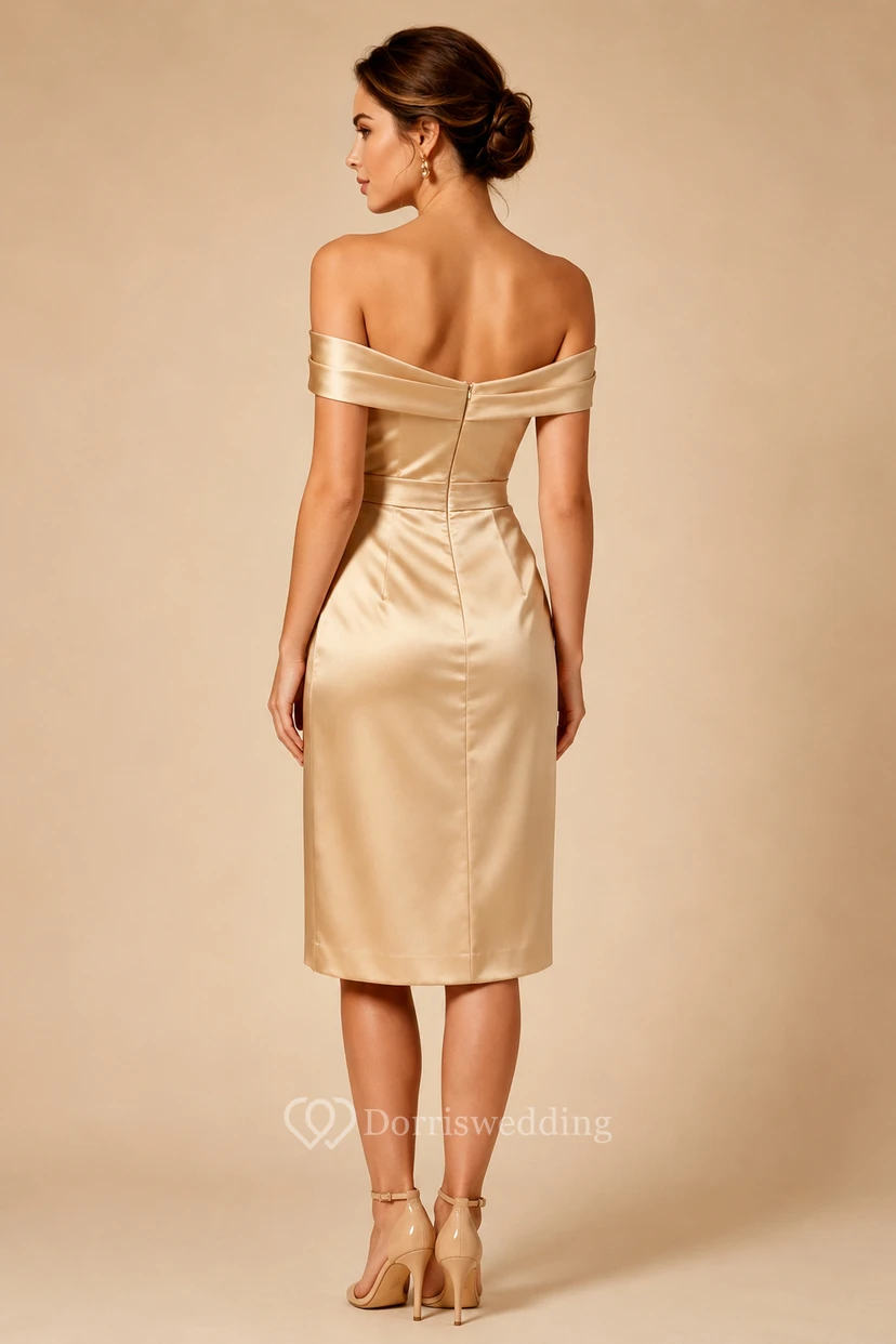 Champagne Off-the-Shoulder Ruched Satin Knee-Length Dress view 2