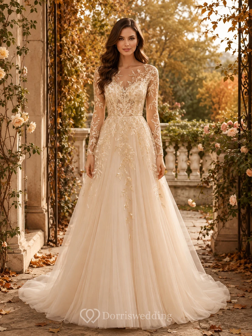 Champagne Autumn Long Sleeve Embroidered A-Line Wedding Dress