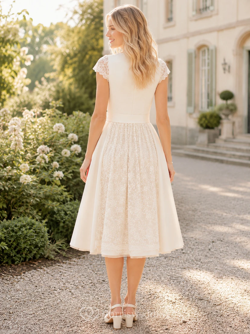 Bridal Dirndl V Neck Cap Lace Sleeve Dotted Apron Tea Wedding Dress view 2