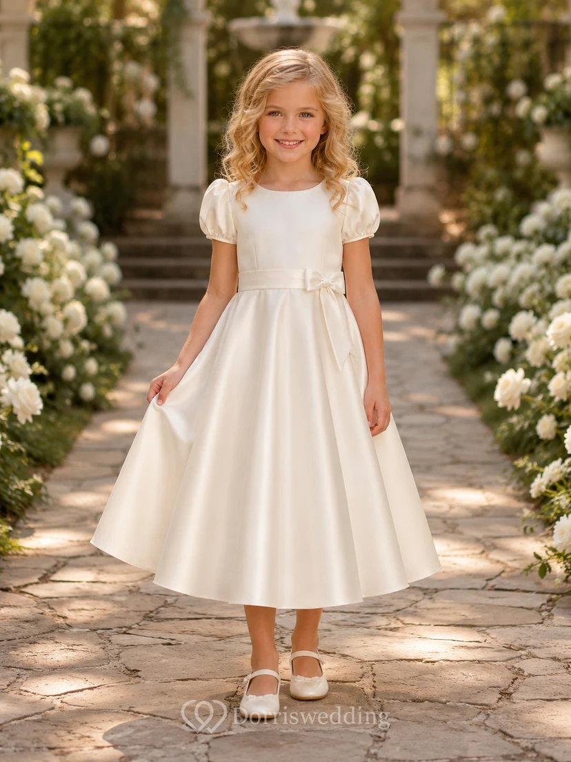 Schlichtes A-Linien-Kleid aus Satin mit Schleife, Rundhalsausschnitt, wadenlangem Rock und Schleifendetail.