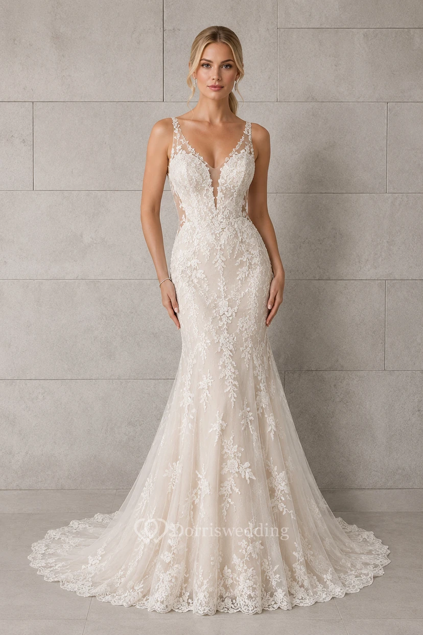 Robe de mariée sirène en dentelle à col en V, bretelles spaghetti et traîne chapelle