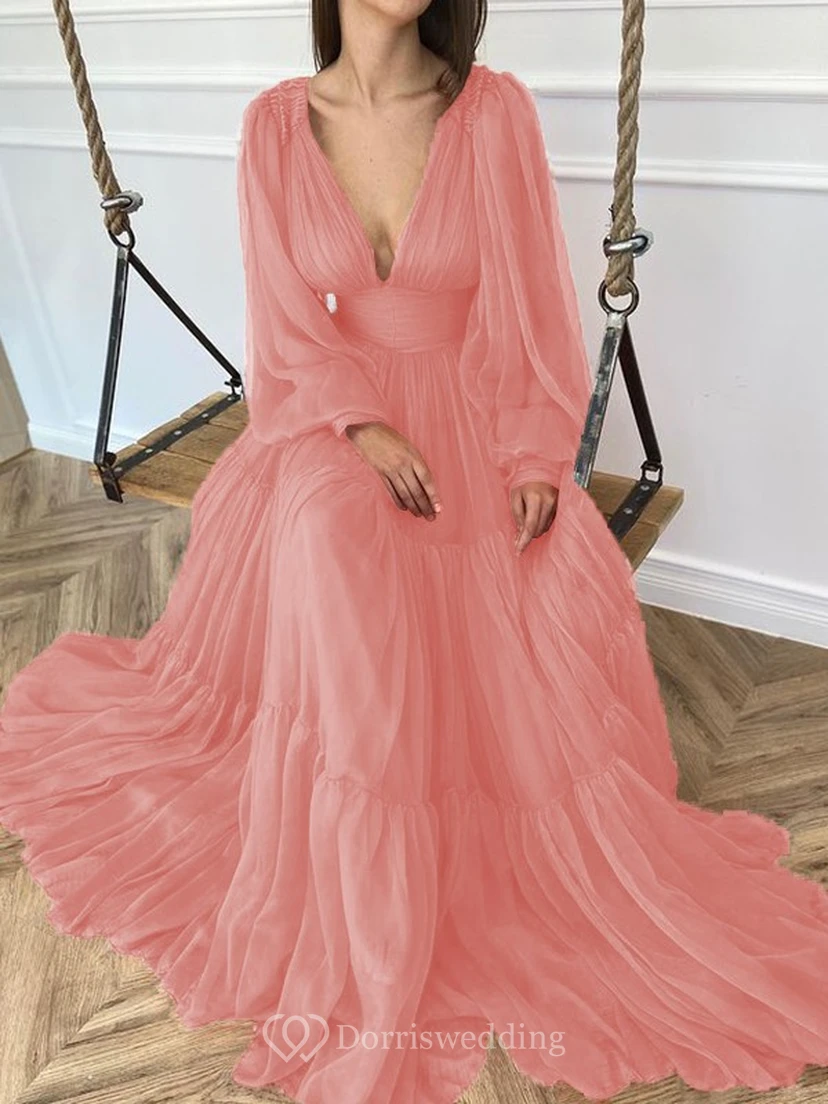 Sexy V-neck Puff Long Sleeve Chiffon Layered Empire Dress view 34