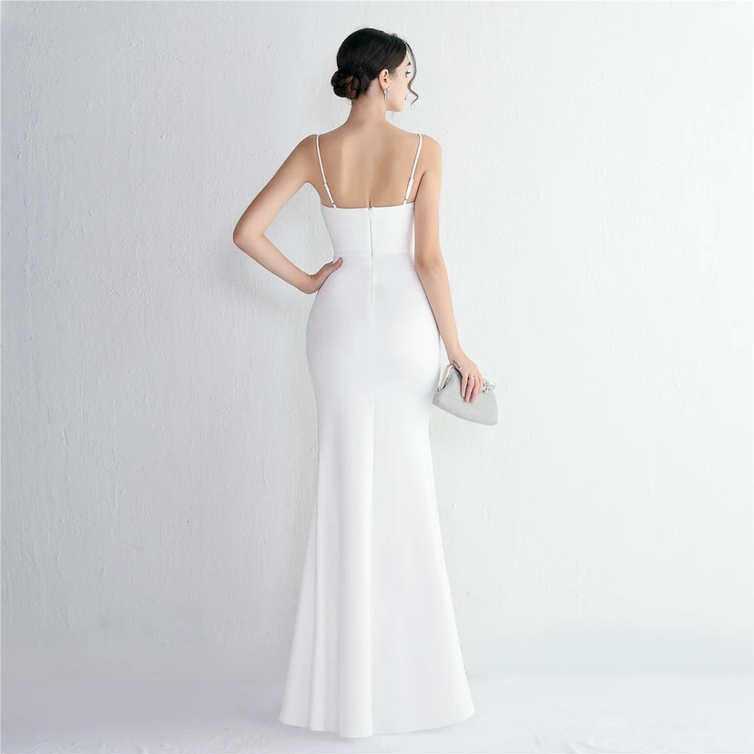 Vestido largo de satén con tirantes y abertura, estilo celebridad, corte sirena, ajustado, para bodas, modelos de coches y exposiciones. view 6