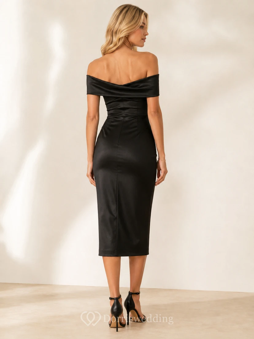 Black Off-the-shoulder Satin Pencil Cocktail Dress view 2