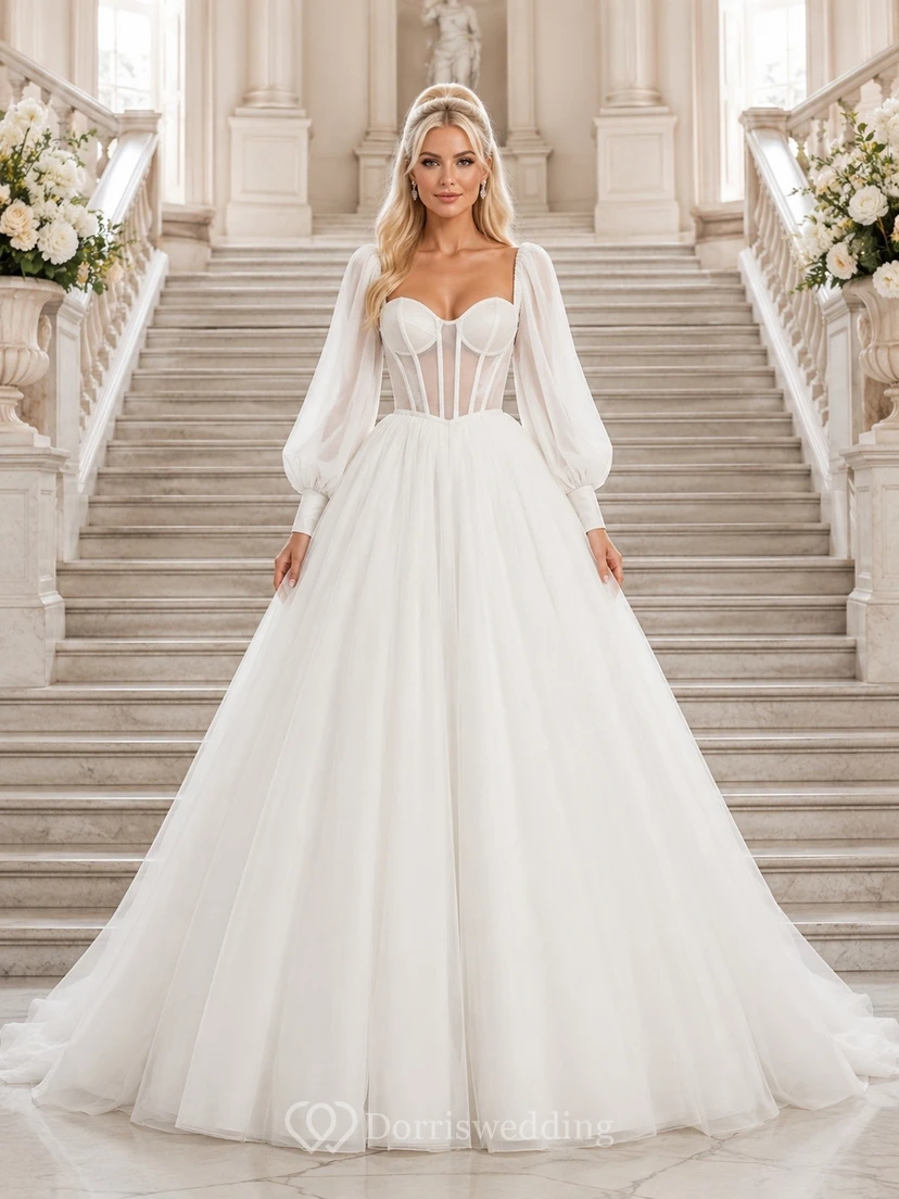Vestido de novia formal de gala de tul con escote corazón romántico