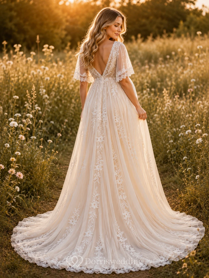 Maternity Wedding Dress V-Neck Flutter Sleeve Lace Country Bridal Gown with Chapel Train view 2