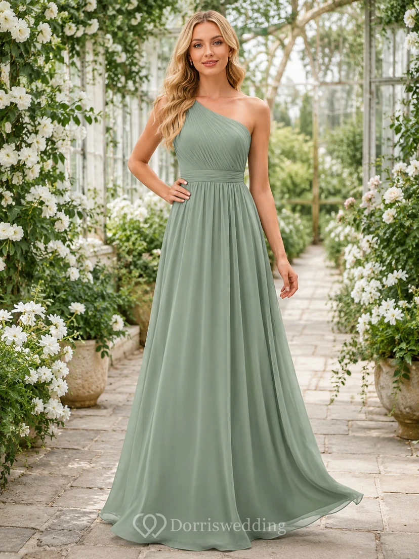 Sage Botanical Garden A-Line Chiffon Bridesmaid Dress with Sleeveless One-Shoulder Bodice, Pleated Floor-Length Skirt and Low V Back