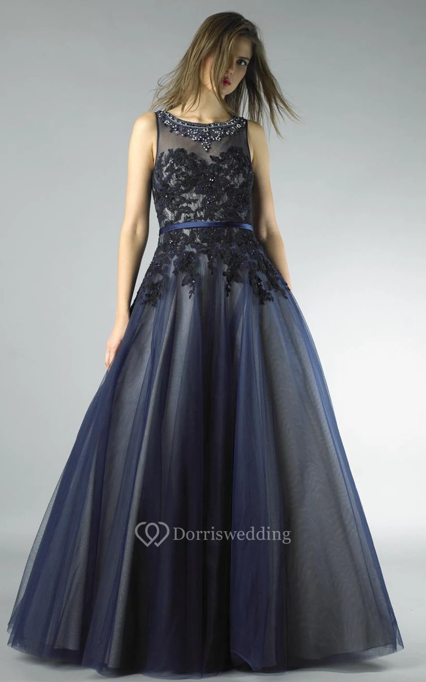 A-line Floor-length High Neck Sleeveless Tulle Illusion Dress view 5
