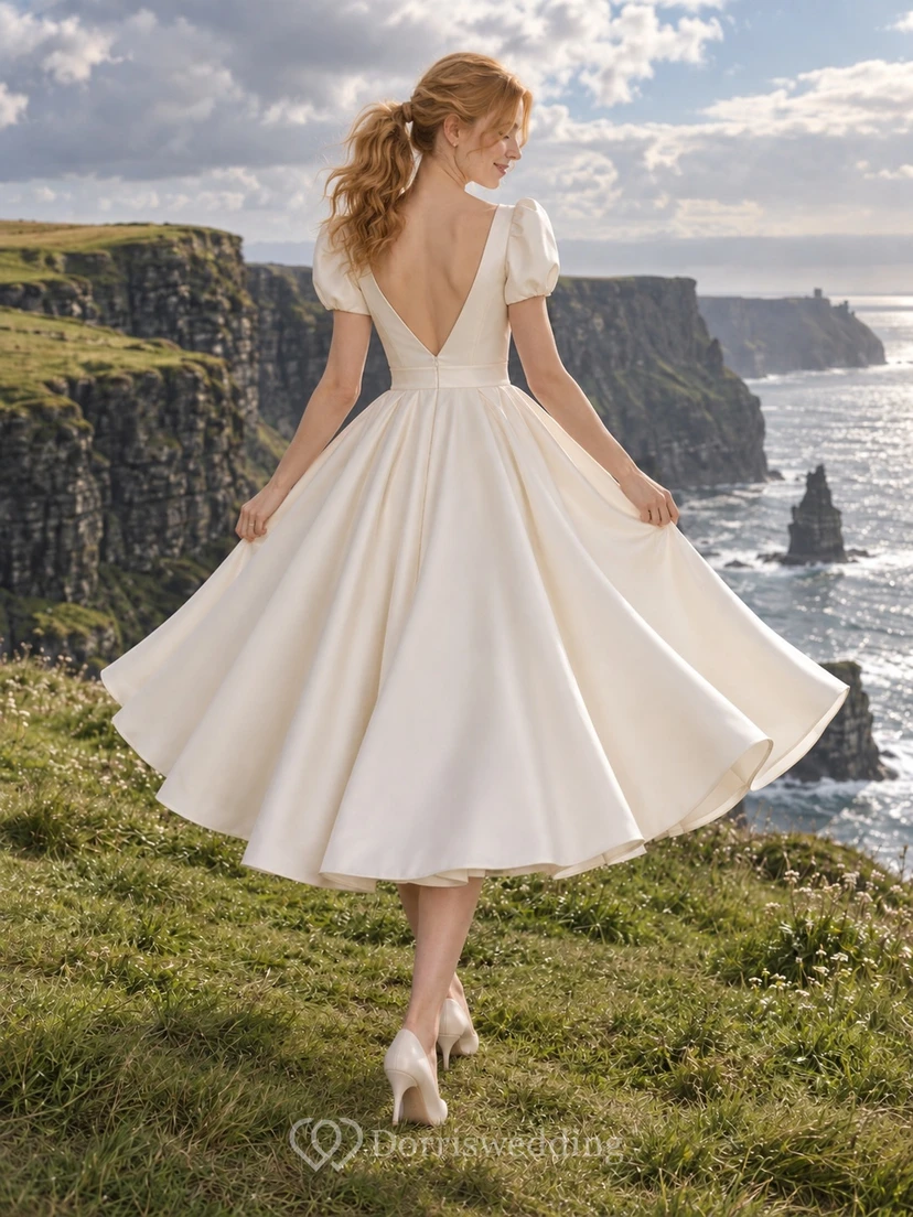 Vestido de novia vintage de satén mate, corte A, largo hasta la rodilla, escote cuadrado y manga corta view 2