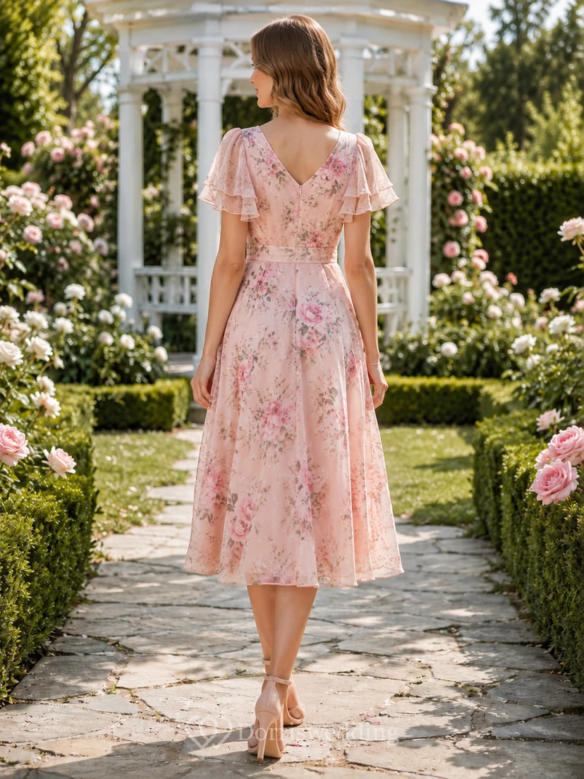 Blush Floral Print V-neck Tea-length A-Line Guest Dress view 2