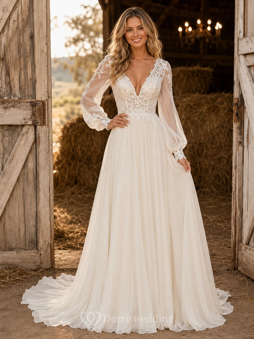 Vestido de novia campestre de gasa y encaje, corte A, escote en V, manga larga, cola capilla, espalda baja en V.