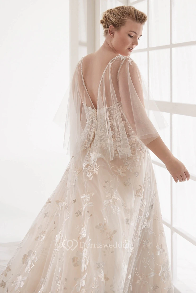 Luxury Sexy V-neck Plus Size Lace Chapel TrainWedding Bridal Dress With Illusion Tulle Sleeves view 2