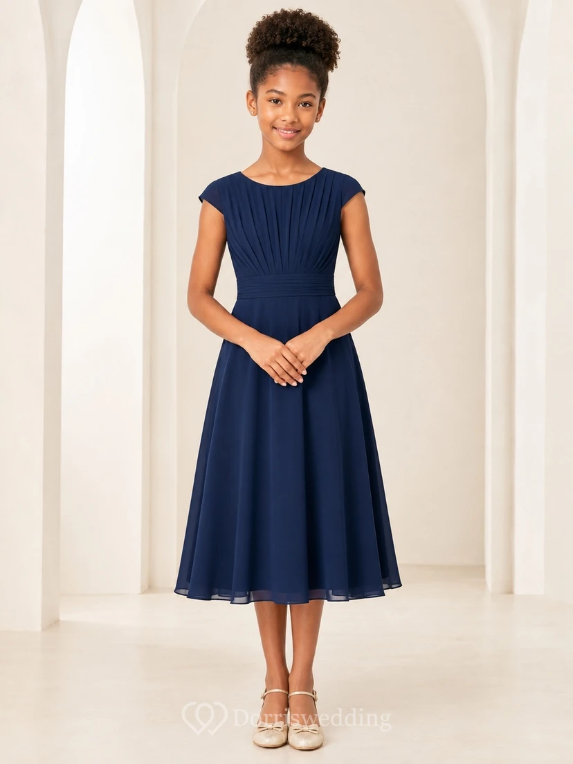 Affordable Dark Navy Short Sleeve Chiffon Scoop A-Line Tea-length Junior Bridesmaid Dress