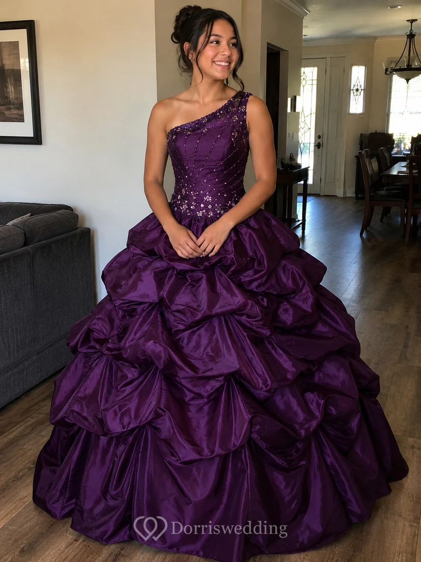 One-shoulder Ballgown With Ruffles and Beadings view 10