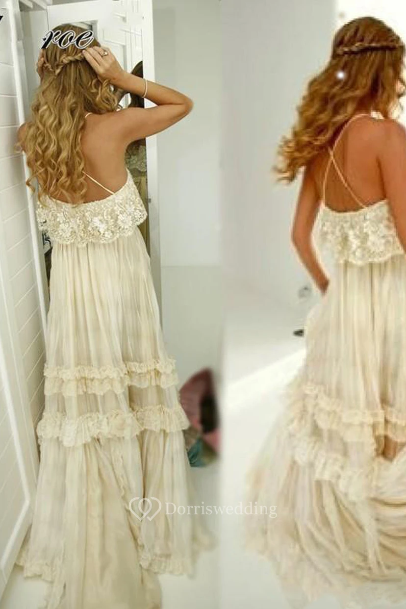 Spaghetti A-Line Sexy Sleeveless Floor-Length Tiers Lace Backless Beach Boho Wedding Dress view 2
