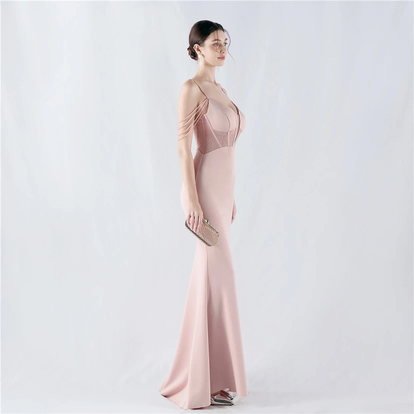 Vestido de noche con cintura de espiga, bordado de diamantes de imitación, ideal para banquetes y presentaciones. view 33