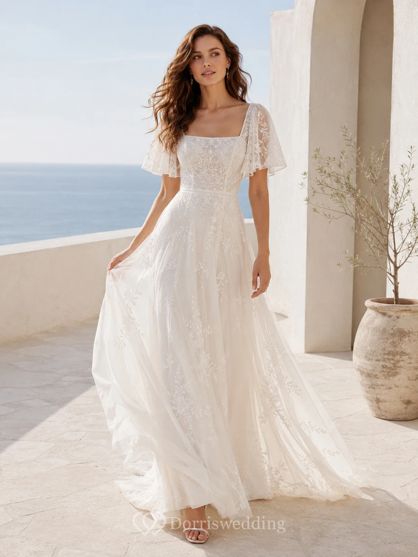 Robe de mariée bohème à col carré, manches courtes en dentelle, coupe trapèze et longueur au sol