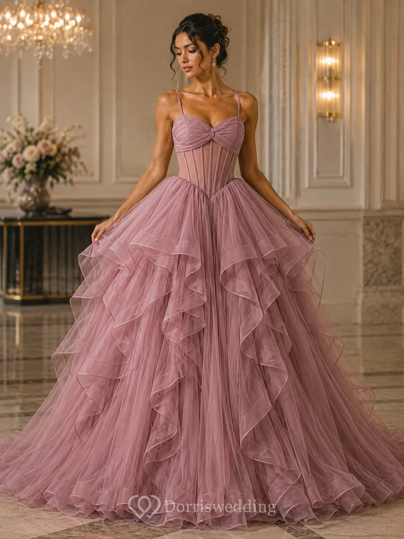 Tüll-Abendkleid in zartem Rosa, Spaghettiträger, bodenlanges Ballkleid mit Herzausschnitt, Stufen und Rüschen view 9