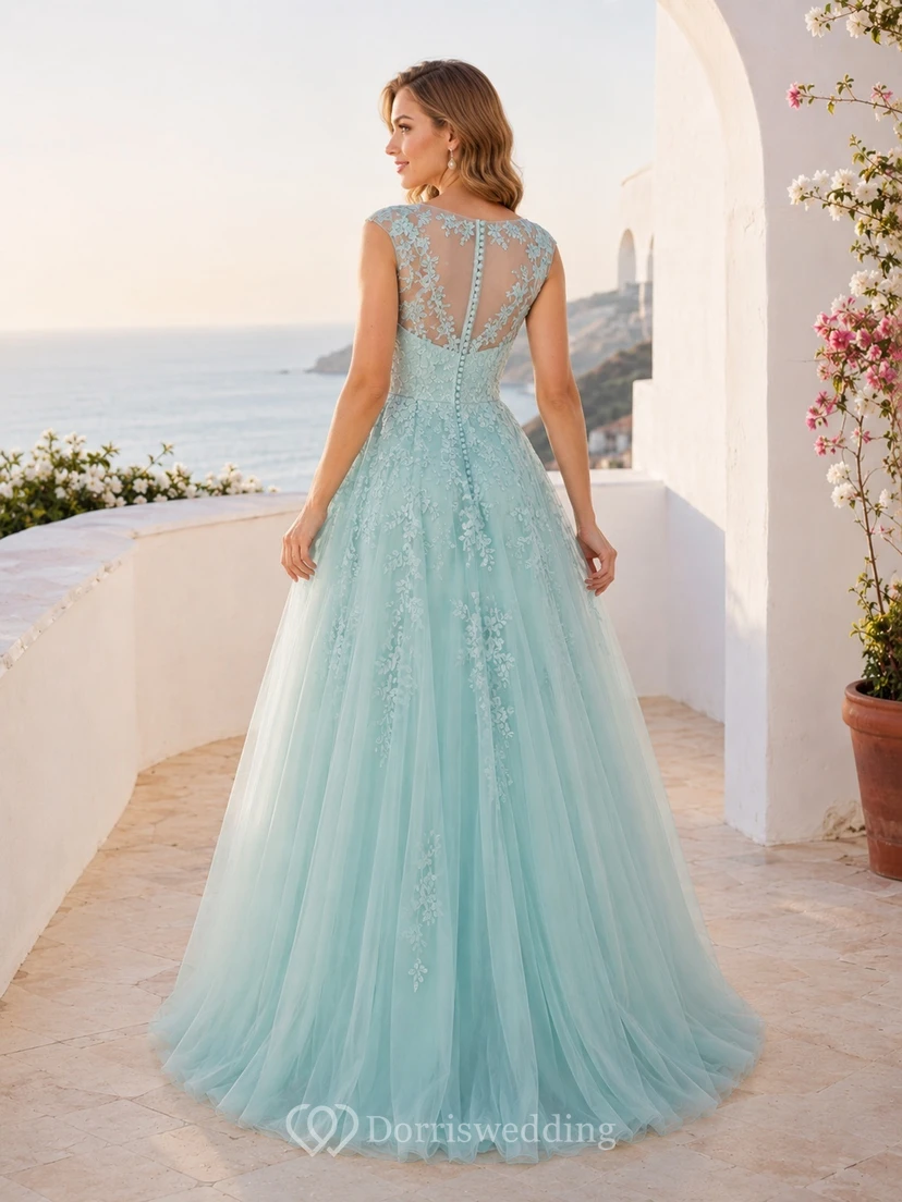 Mintgrünes, bodenlanges Brautkleid aus Illusion-Bateau-Spitze und Tüll in A-Linie view 2