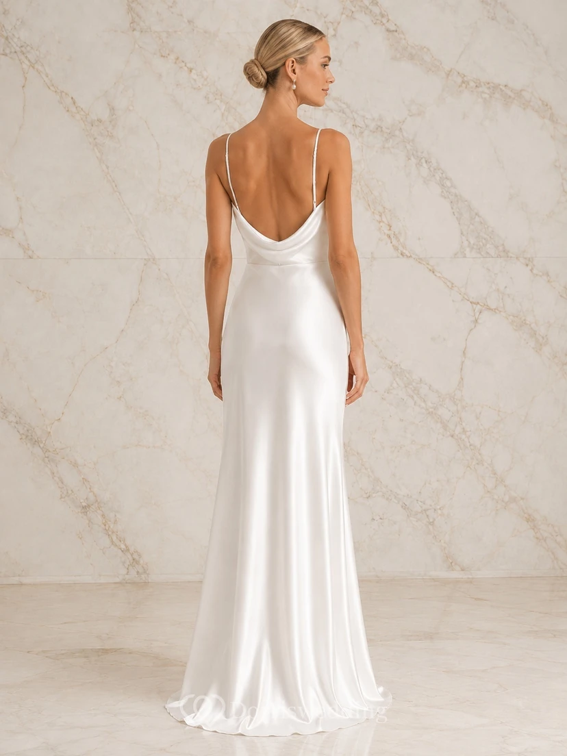 White Cowl Satin Side-Slit Sheath Floor-Length Sleeveless Sexy Evening Gown view 2