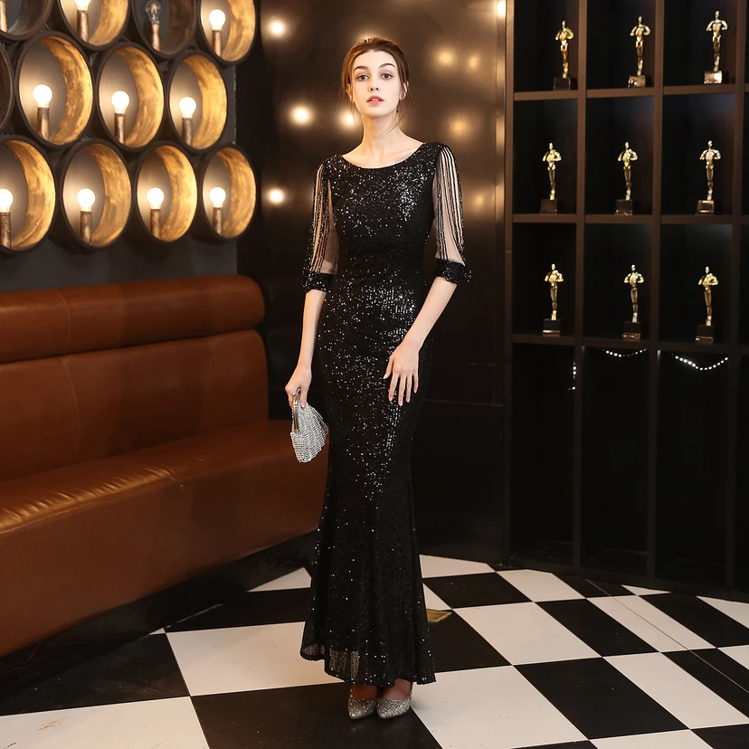 Vestido de noche elegante, largo, sin mangas, con lentejuelas y cola de sirena, estilo banquete. view 11