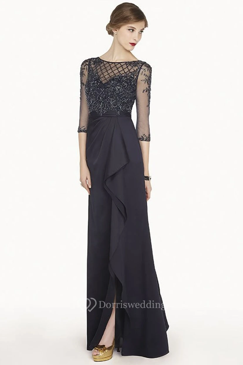 Sheath Scoop-Neck Appliqued Half-Sleeve Floor-Length Chiffon Prom Dress With Split Front And Draping