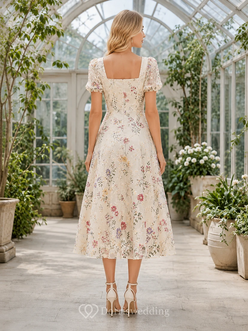 Light Floral Square Neck Puff Sleeve Midi Dress view 2