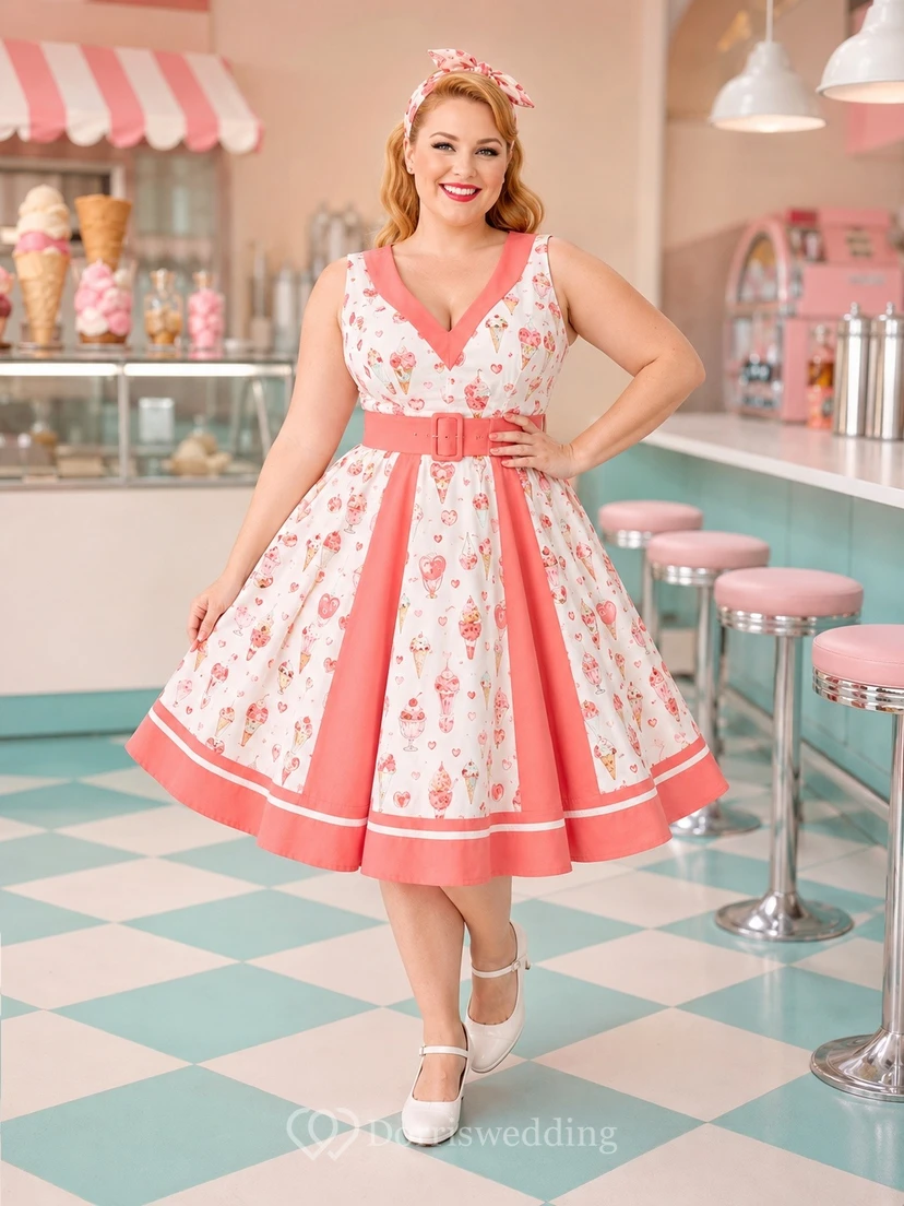 Vestido vintage hasta la rodilla con escote en V y mangas abullonadas, estampado floral rosa