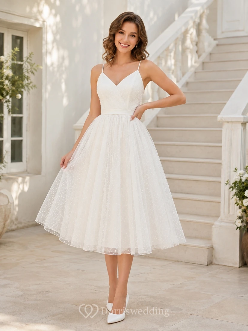 White Spaghetti V-Neck Lace Tulle A-Line Tea-Length Simple Prom Dress