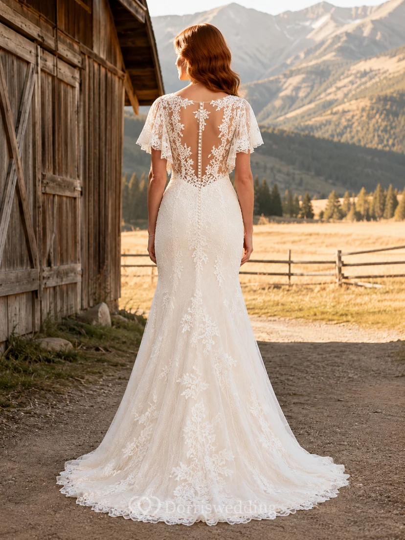Vestido de novia de tul y encaje campestre, estilo sirena, con escote en V, manga larga, cola de corte y espalda baja en V. view 2