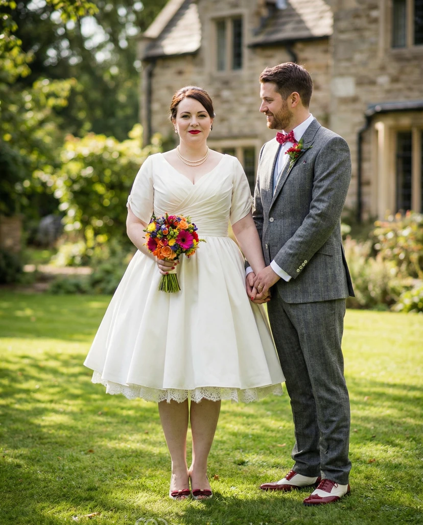 Tea-Length Pleated Satin Plus Size Wedding Dress