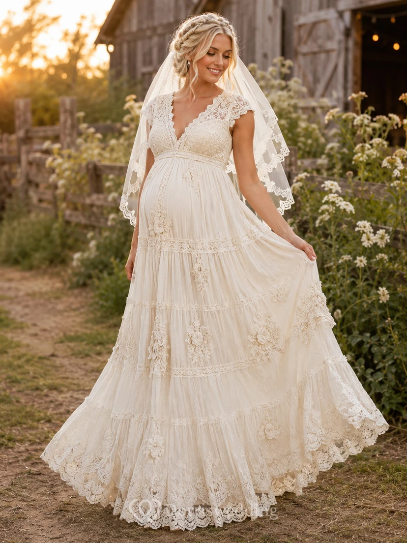 Maternity Cap Sleeve Lace Tiered Rustic Wedding Dress