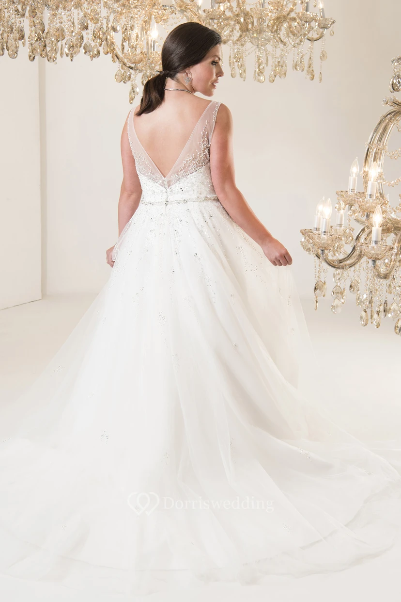 Ball Gown Floor-Length V-Neck Sleeveless Tulle Court Train Deep-V Back Beading Dress view 2
