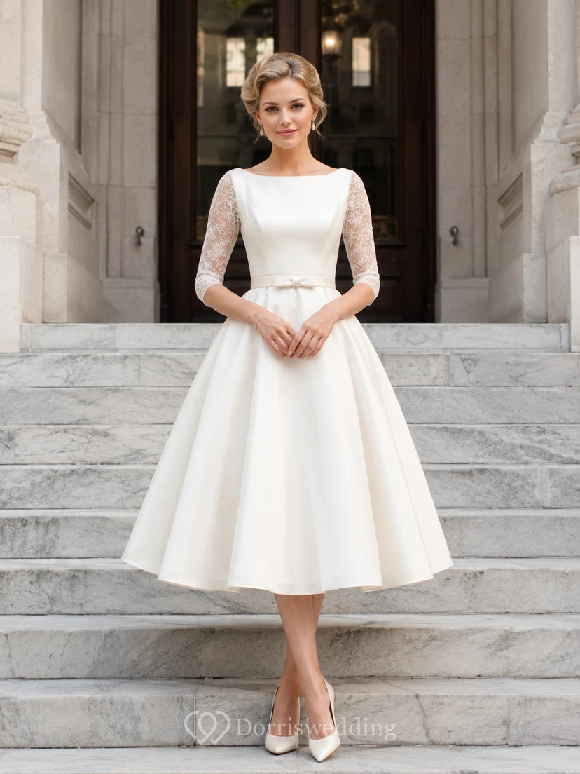 Vestido de novia de estilo vintage de los años 50 con mangas de encaje y largo hasta la rodilla, estilo juzgado.