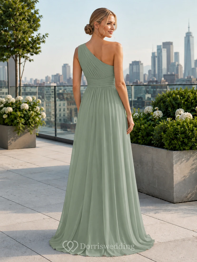 Rooftop Evening Formal Sage Simple Elegant A-Line Chiffon Bridesmaid Dress with One-Shoulder Sleeveless Floor-Length Slit Skirt Pleated Open Back view 2