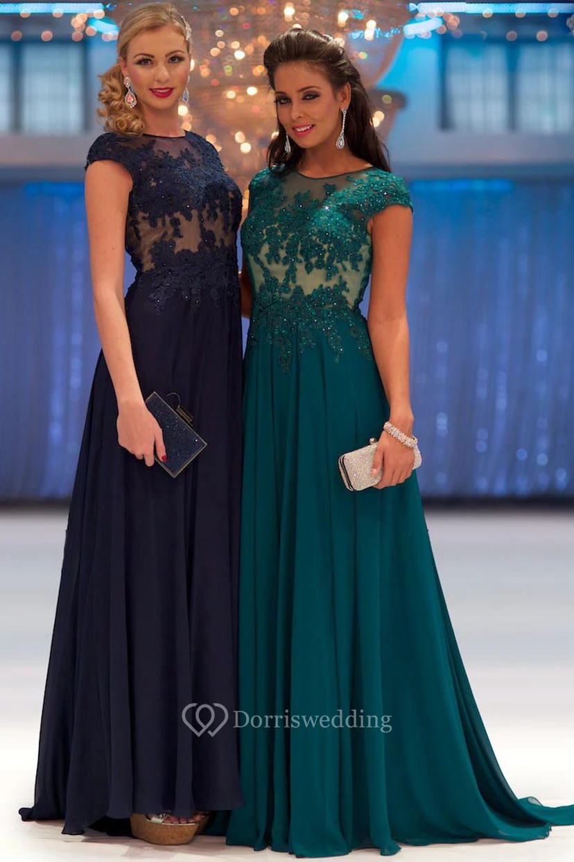 A-Line Beaded Long Cap-Sleeve Jewel-Neck Chiffon Prom Dress With Appliques And Pleats
