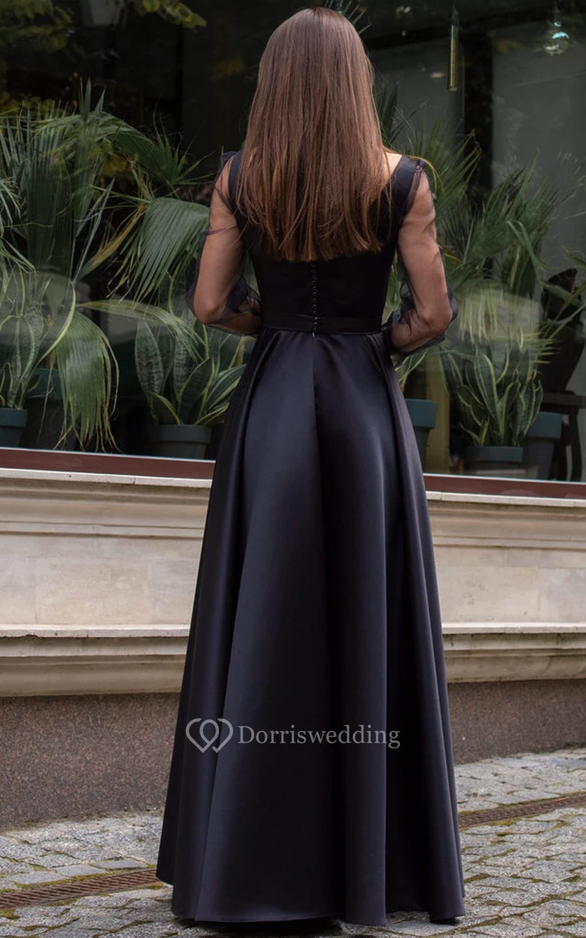 Simple Floor-length Long Sleeve Satin A Line Formal Dress with Split Front view 2
