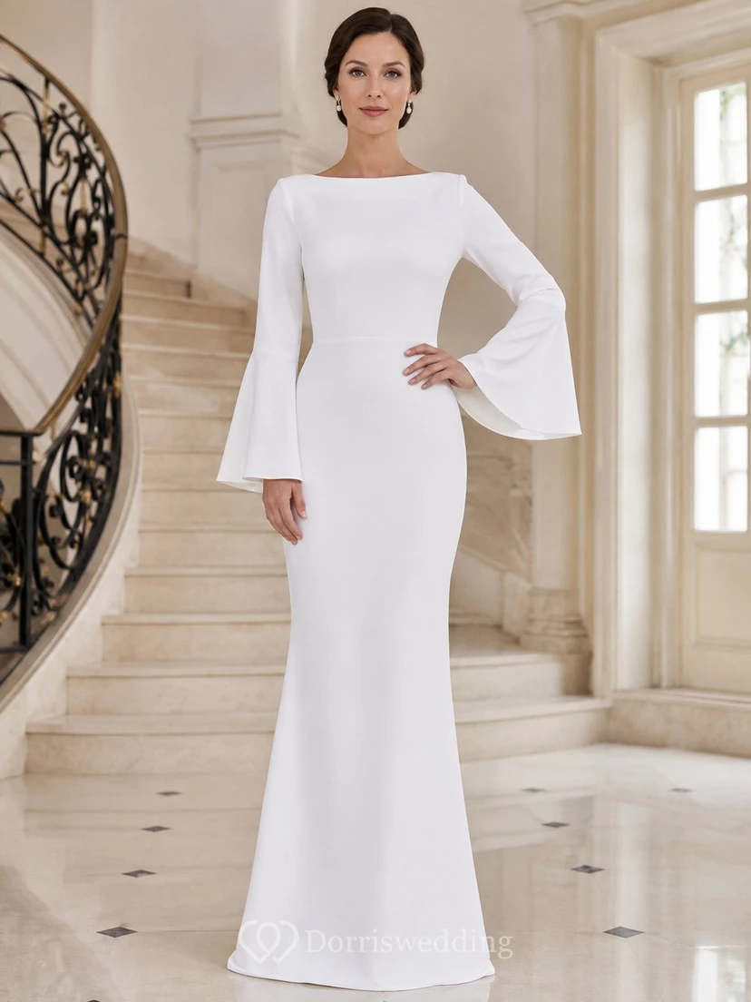 Elegant White High Neck Long Sleeve Floor-length Jersey A-line Formal Dress