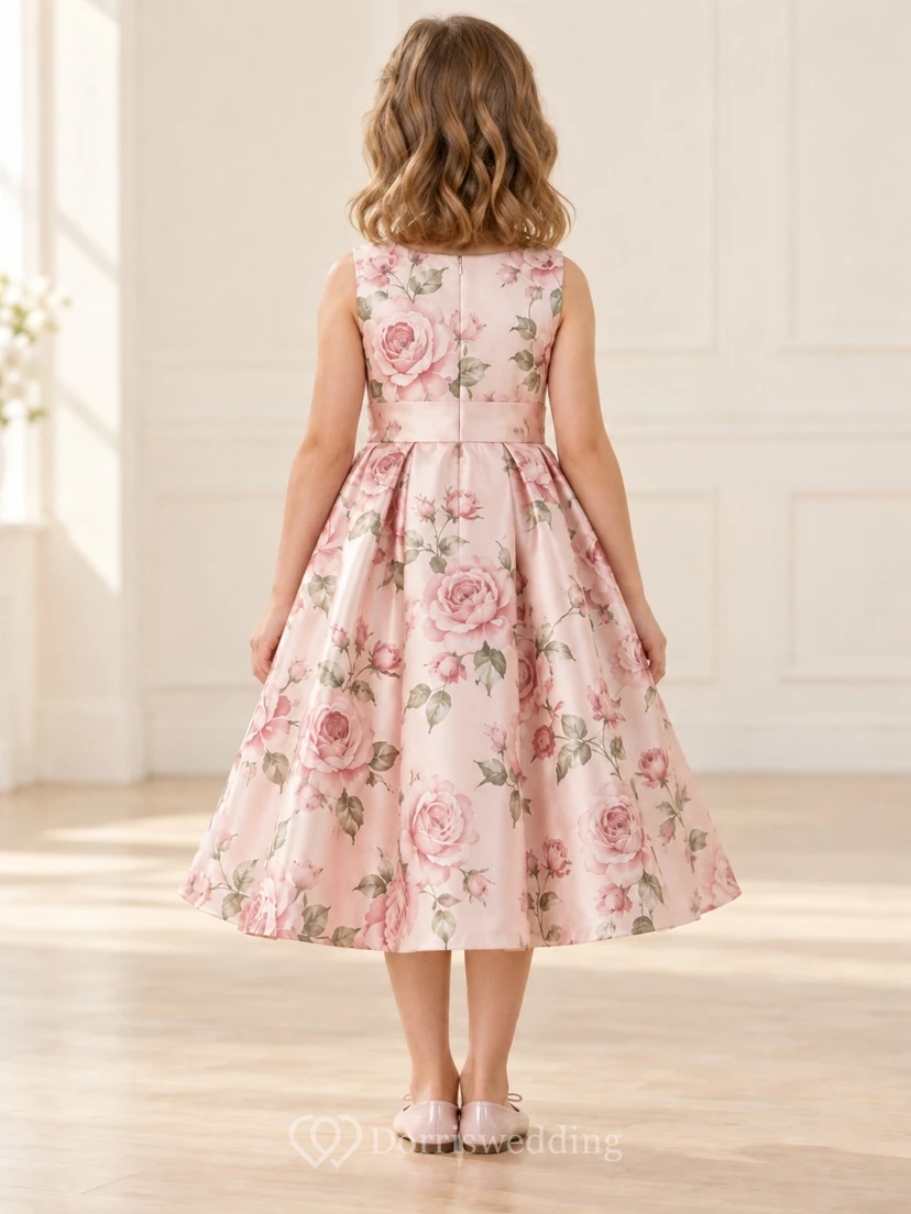 Tea-length Blush Floral Sleeveless Pleated Sash Satin Flower Girl Dress view 2