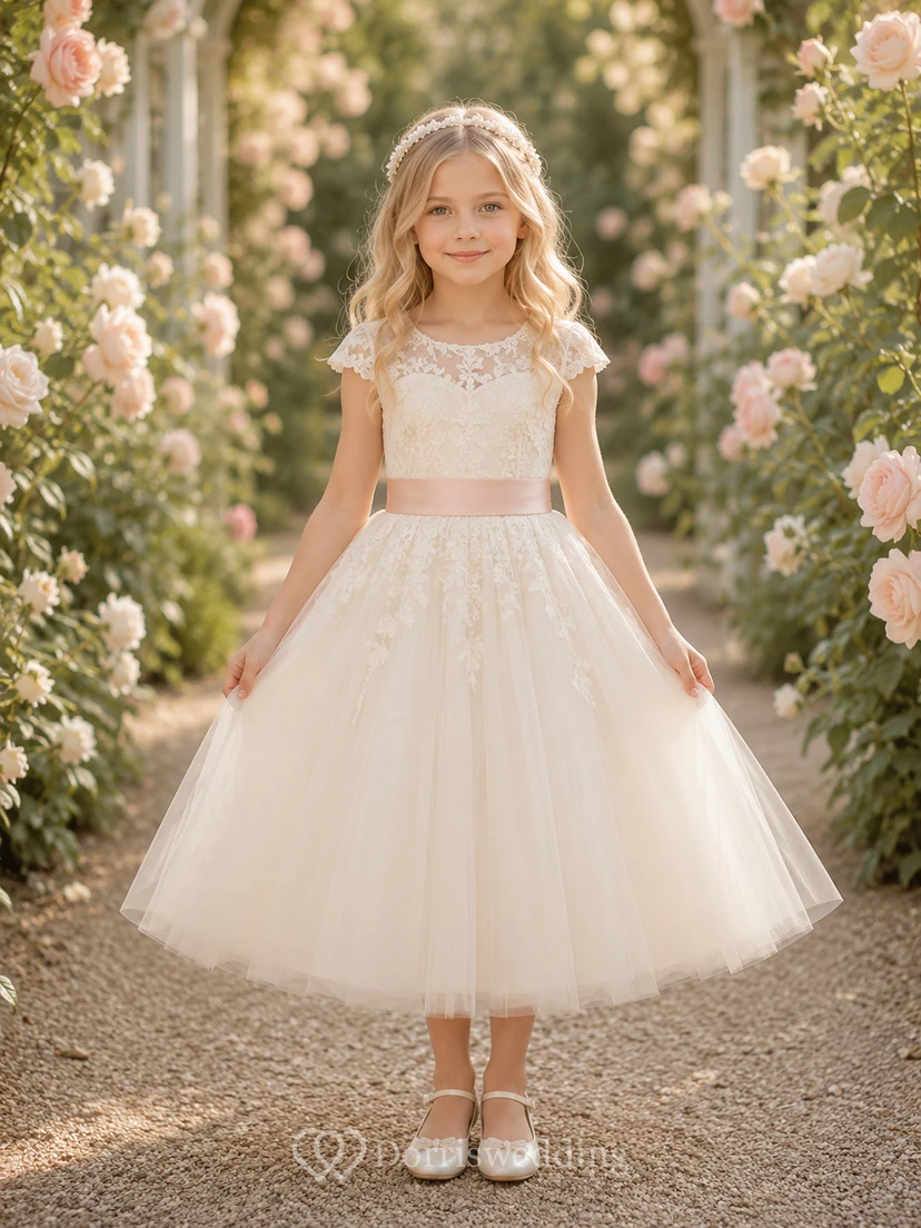 Bow Back Tulle A-Line Flower Girl Dress with Jewel Neck and Tea-Length Skirt