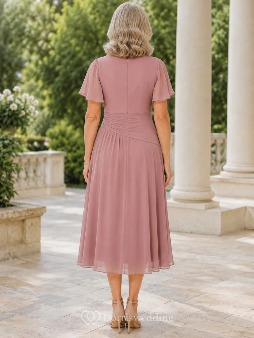 Dusty Rose Mature Woman V Neck Flutter Sleeve Chiffon Tea Length A Line Dress view 2