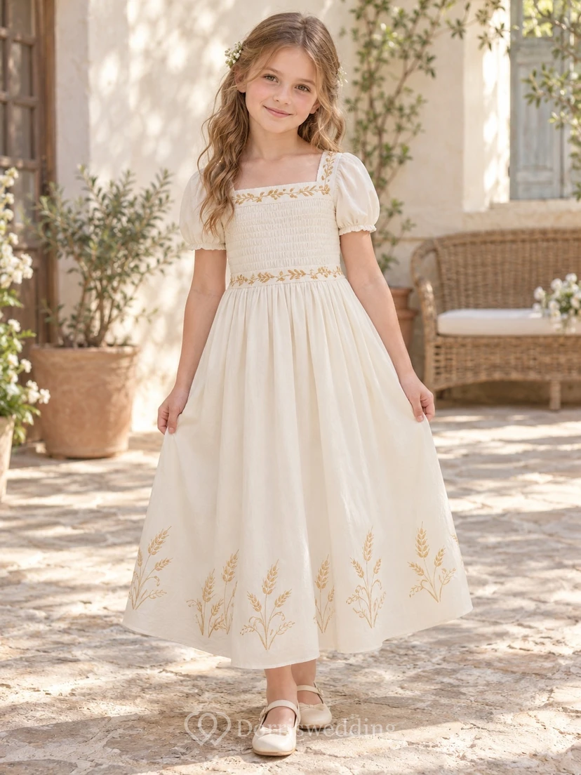 Square Neck Country Cream Puff Sleeve Wheat Embroidered Cotton Flower Girl Dress