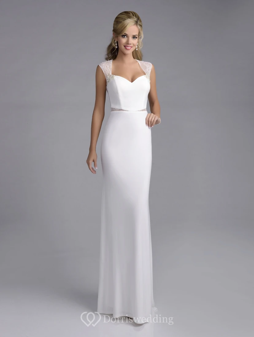 Satin Chiffon Column Simple Wedding Dress With Lace Embellishment And Pearls
